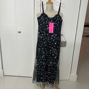 Betsey Johnson Black/Sparkly Silver Bustier Cup & Lace Maxi Dress